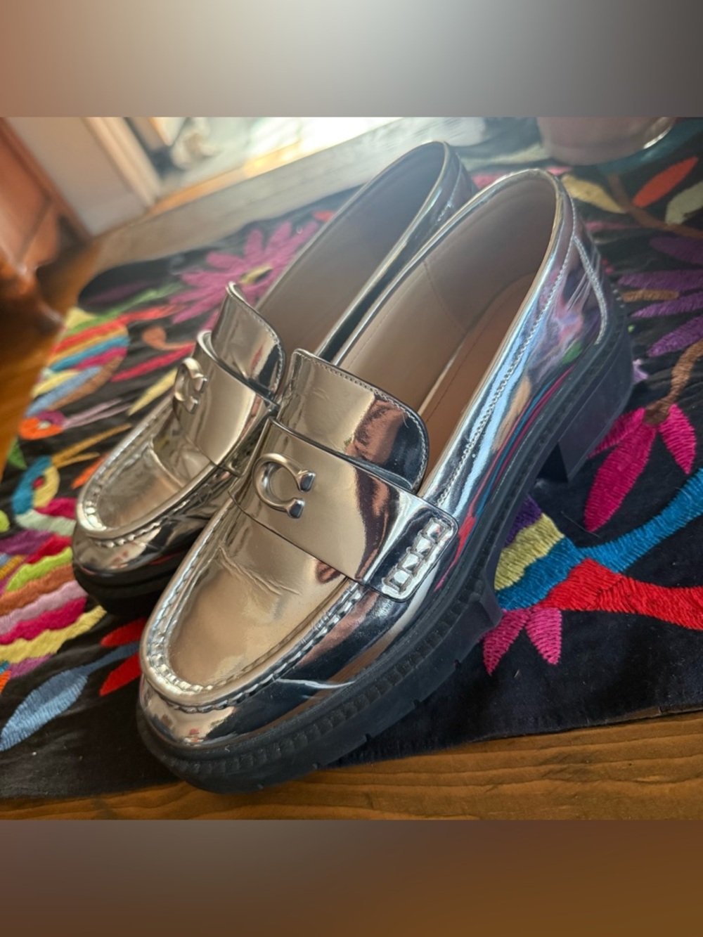 Coach Metallic Silver Women’s platform Penny Loafers - Picture 5 of 8